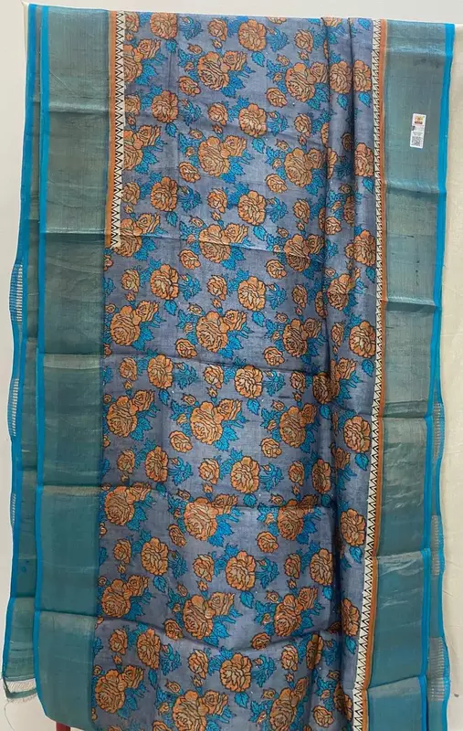 Blue Tussar Silk Saree with Floral Print & Zari Border