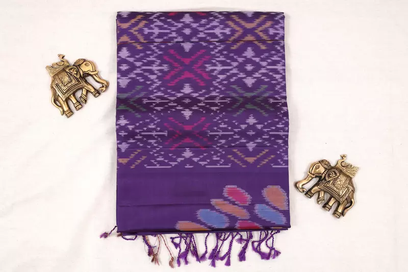 Pastel Purple Ikat Silk Saree with Tree Motifs & Contrast Border with ikat blouse | Handloom Saree