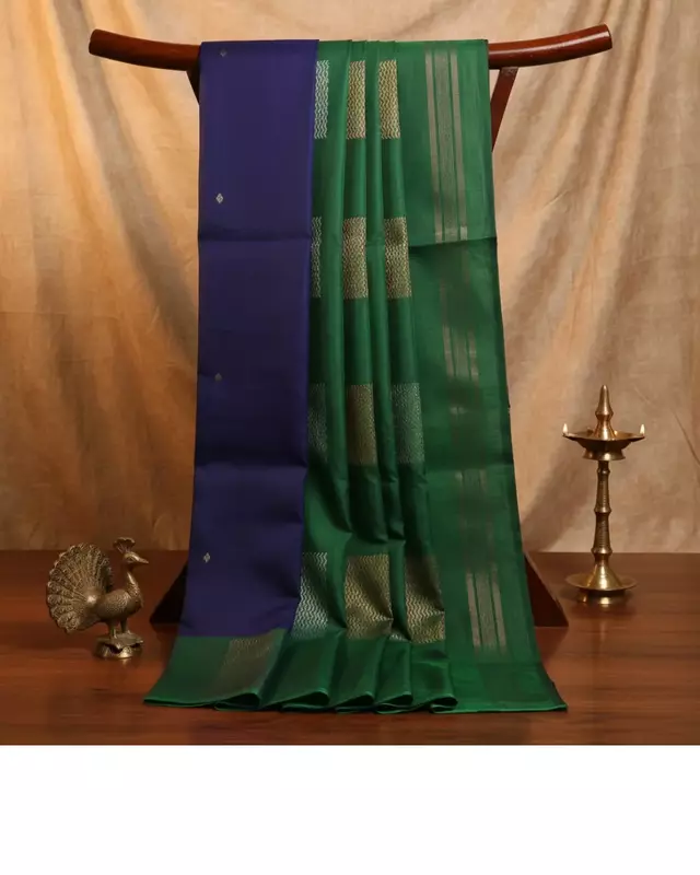 Navy Blue Silk Cotton Saree with Green Border & Subtle Butta Design