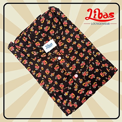 Russian Black Spun Cotton Nighty With Tiny Floral Design All Over From Libas Loungewear - PS492