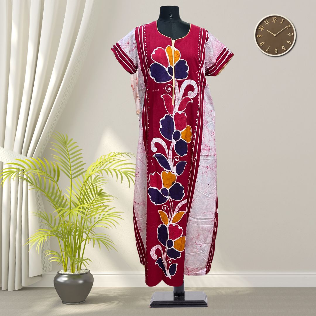 Pinky Red Batik Cotton Nighty With All Over From Libas Loungewear - AL1085