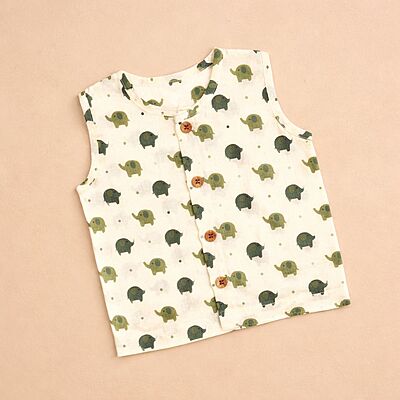 Olive Elephant Sleeveless Cotton Baby Jhabla