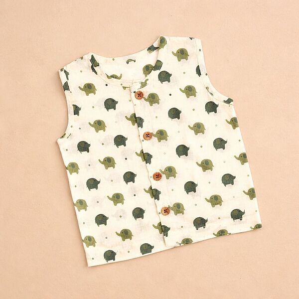 Olive Elephant Sleeveless Cotton Baby Jhabla Olive Elephant Sleeveless Cotton Baby Jhabla