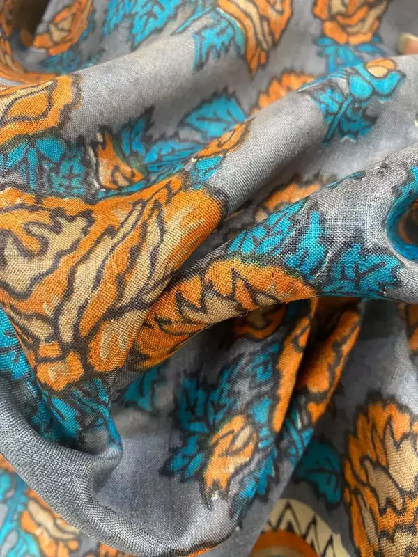 Blue Tussar Silk Saree with Floral Print & Zari Border