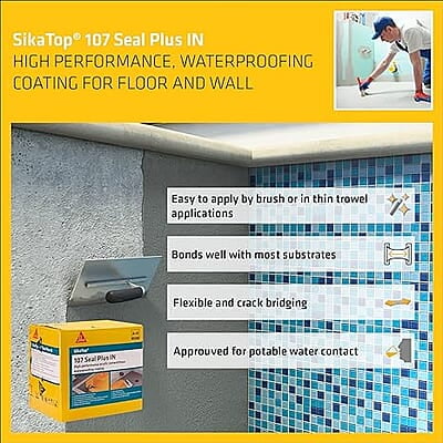SikaTop 107 Seal Plus IN, High performance liquid waterproofing coating, easy to use, for interior and exterior floors and walls, Kit 7kg