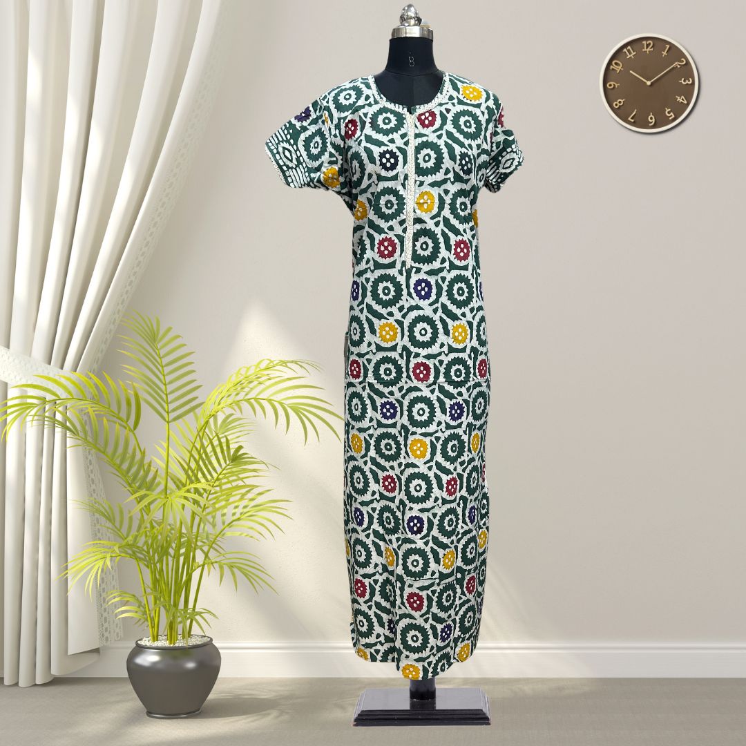 Bottle Green Batik Cotton Nighty With All Over From Libas Loungewear - AL1096