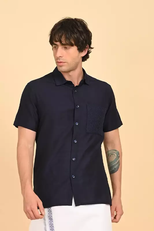 Men Short Sleeve Ethnic Shirt - Navy Blue