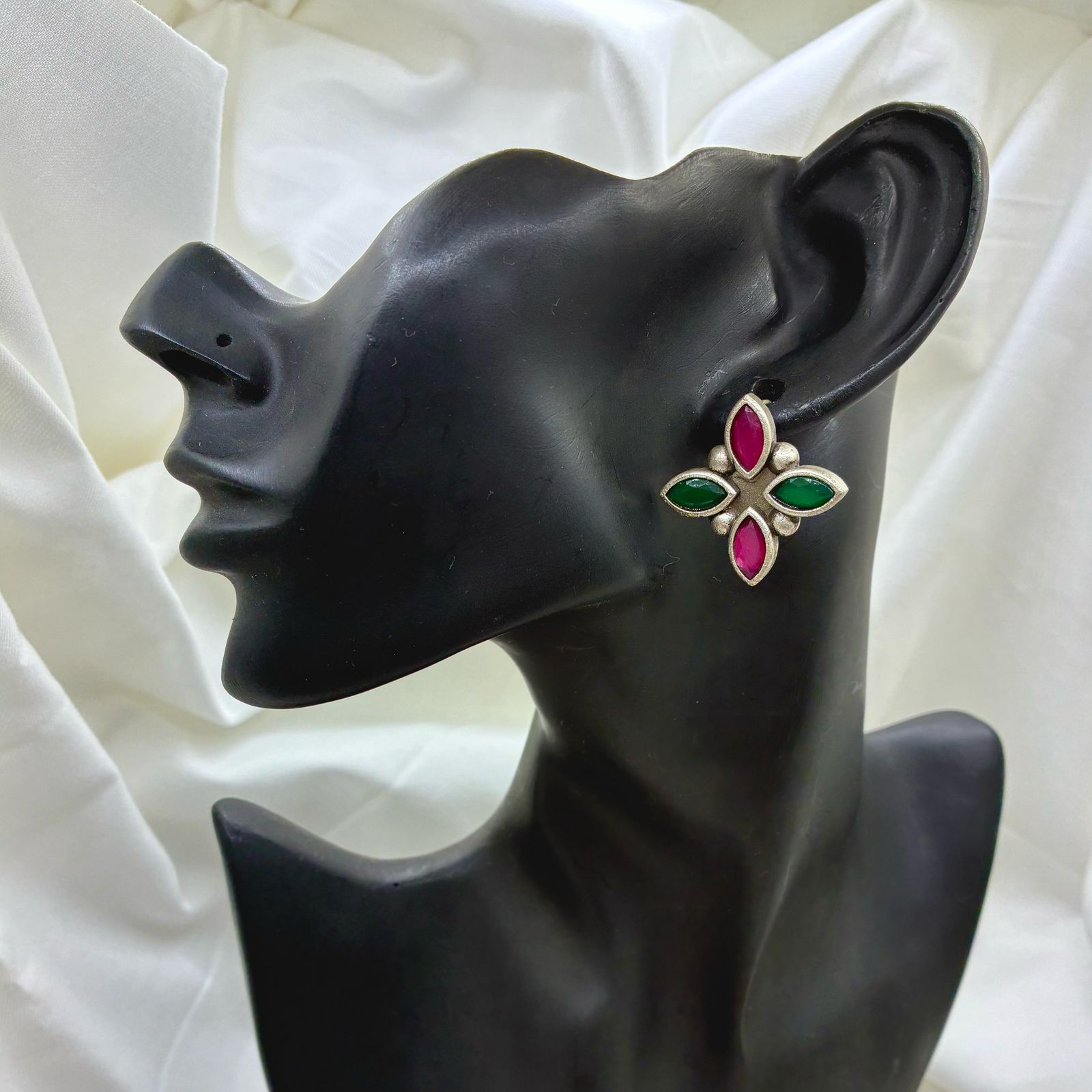 Silver plated Brass Earrings (Green/Crimson) #2