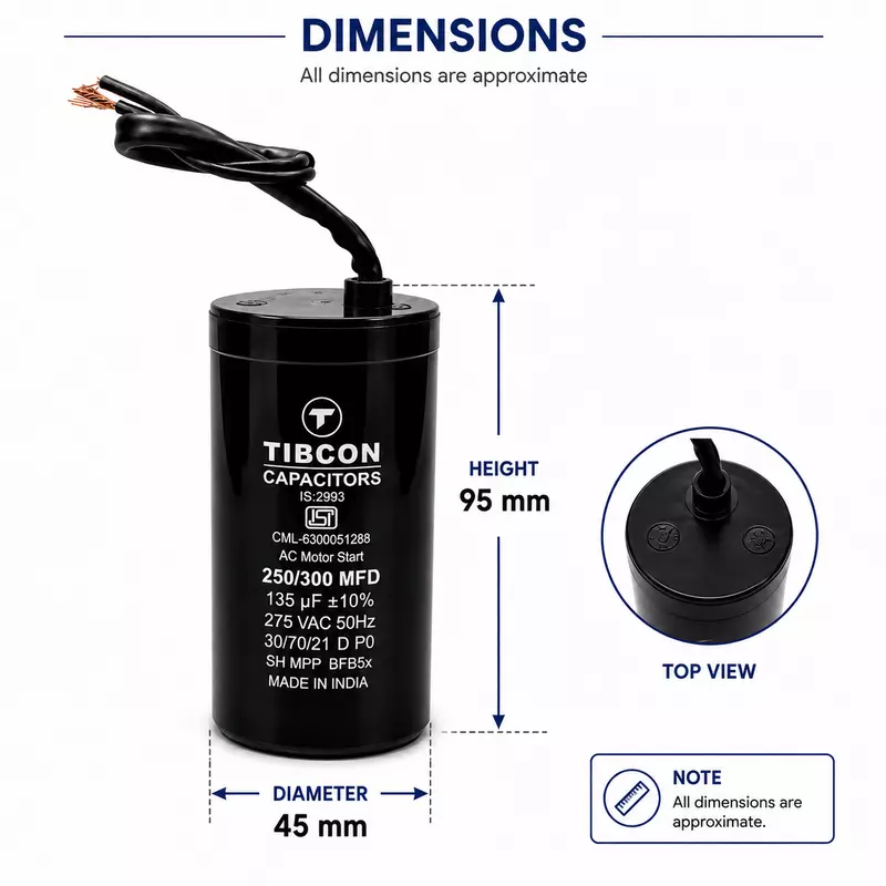 Tibcon 135 (250-300) MFD Motor Starting Capacitor | 275V | Aluminium | Starting