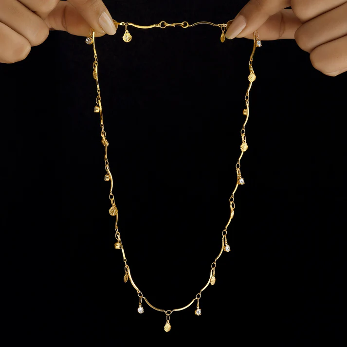 Anti-Tarnish Double Layer Chevron Chain with Shell Charms Necklace