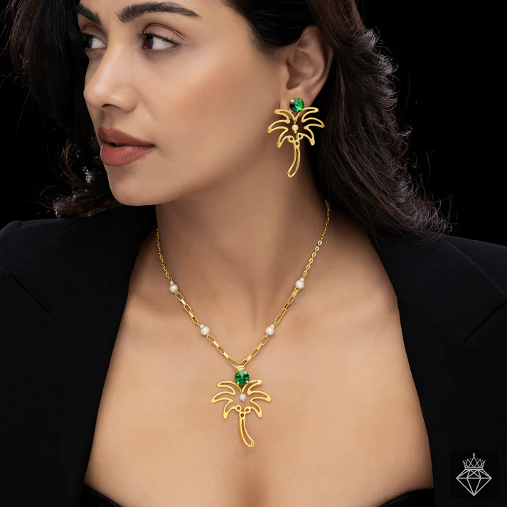 Anti-Tarnish Palm Tree Necklace Set With Earrings