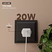 Lapcare Wall Charger Thumby LWC‑681 supports 20 W fast charging via Type‑C (DC 5 V/3 A, 9 V/2.22 A, 12 V/1.67 A), universal 100–240 V input, built‑in safety protections & 1‑year warranty.