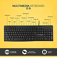 Lapcare E9 keyboard: 117 spill‑resistant soft keys, 13 hotkeys, UV‑coated legends, ergonomic layout & 5 M keystroke lifespan—ideal for daily use.