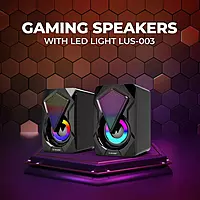 Lapcare LUS‑003: 6 W (3 W × 2) USB‑powered gaming speakers with 360° stereo sound, 7‑color LED lights, AUX input, inline volume control, 150 Hz‑20 kHz freq. range. warranty.