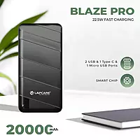 High‑capacity 20,000 mAh Lapcare Blaze Pro LPB‑018 with 22.5 W fast charging, 4‑port output (USB‑A, Type‑C, Micro‑USB), LED indicator & smart safety