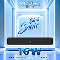 Lapcare Musi Bar LSB‑630: 16 W (8 W×2) stereo Bluetooth 5.3 soundbar with mic, 52 mm dynamic drivers, AUX/USB/TF support, up to 20 hr playback, compact & portable.