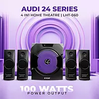 Lapcare Audi 24 LHT-060 offers 100W output, RGB lighting, AUX/USB/FM input, Bluetooth, and remote control. Enjoy immersive cine-style sound.