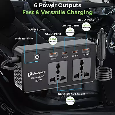 UltraProlink UM1223 - 6 in 1 Car Inverter with USB DC 12V to AC 200W