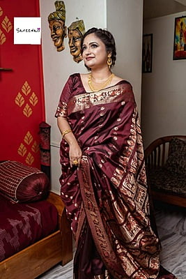 Chand buta  dark brown color pure katan silk Swarnachari saree