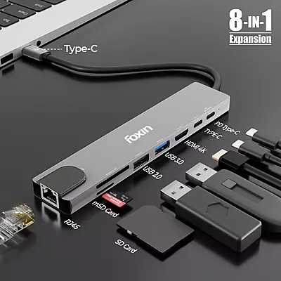 TYPE-C HUB FOXIN 8 IN 1 C-HUB 8 (RJ45+SD+TF+USB 2.0+USB 3.0+HDMI+TYPE-C+PD 100W)