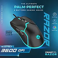 Lapcare Champ Razor LGM‑204 gaming mouse: 3600 DPI optical sensor, rainbow RGB backlight, 6 macro buttons, rubber oil grip & 5M click lifespan.