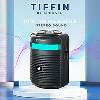 Lapcare LBS‑300 Tiffin 10 W BT speaker: round compact design, 76 mm drivers with bass radiator, Type‑C charging, Bluetooth 5.3, 10‑hour playback, AUX/TF/USB support, 1‑yr warranty.