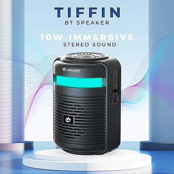 Lapcare LBS‑300 Tiffin 10 W BT speaker: round compact design, 76 mm drivers with bass radiator, Type‑C charging, Bluetooth 5.3, 10‑hour playback, AUX/TF/USB support, 1‑yr warranty.