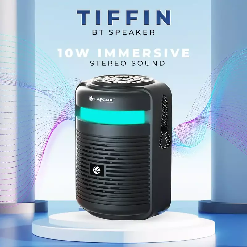 Lapcare LBS‑300 Tiffin 10 W BT speaker: round compact design, 76 mm drivers with bass radiator, Type‑C charging, Bluetooth 5.3, 10‑hour playback, AUX/TF/USB support, 1‑yr warranty.