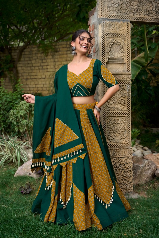 "Green Mustard Printed Navratri Lehenga Choli with Dupatta" D.B.33