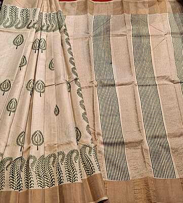 Beige Hand Paint Tassar Saree