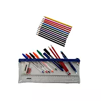 Stationery Filled Blue Zip 13x5"" Pencil Case with Colouring Pencils