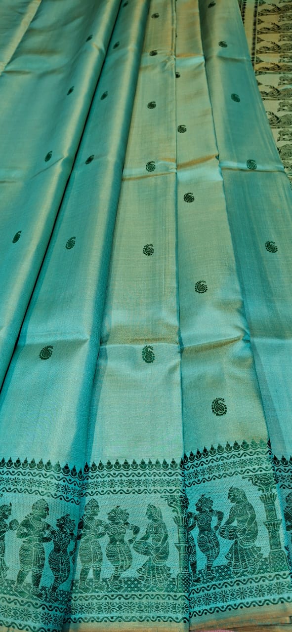 Sea green mustard dual tone body color pure Mulberry silk Baluchari saree