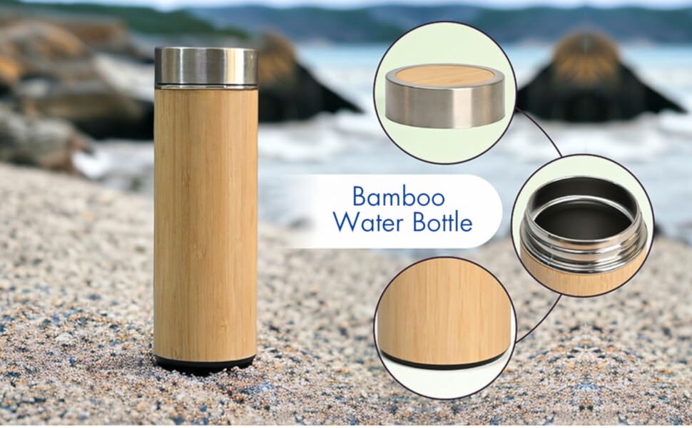 Eco- Bamboo Water Bottle, Stainless Steel Flask Water Bottle/Thermos with Tea Strainer | Double Wall Vacuum Insulated | Hot & Cold