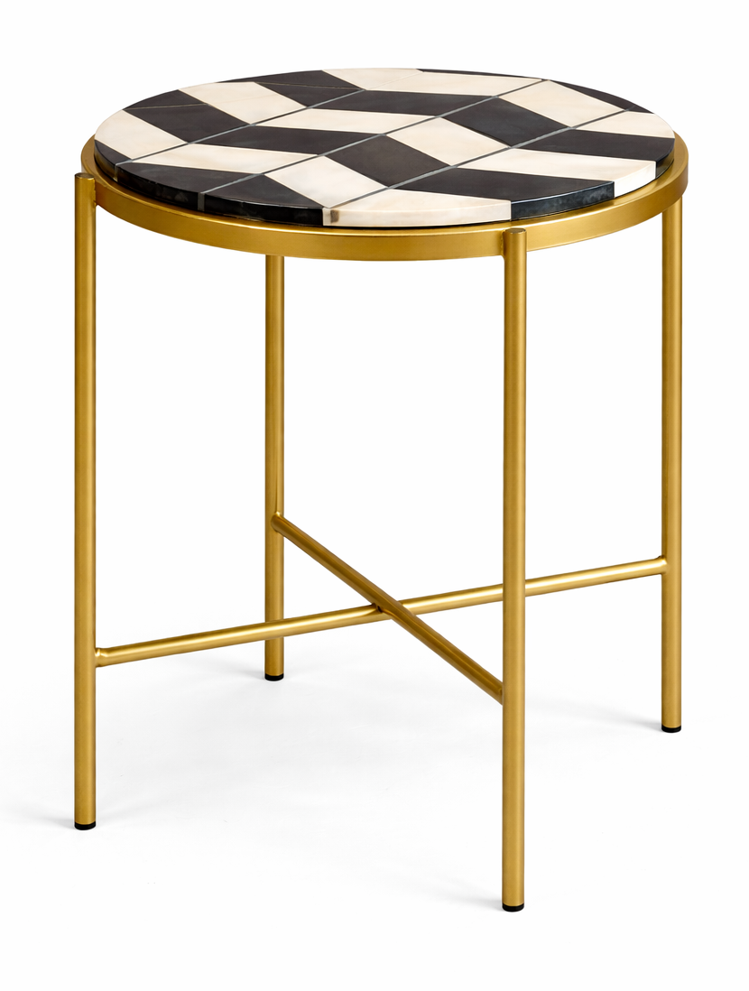 Blake Coffee Table in white & black marble with Brass Inlay and antique brass finish