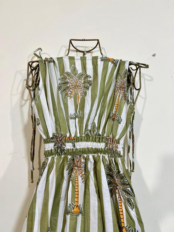 Leher's Sleeve-Less Fit & Flare Dress - White & Green Stripes with Palms