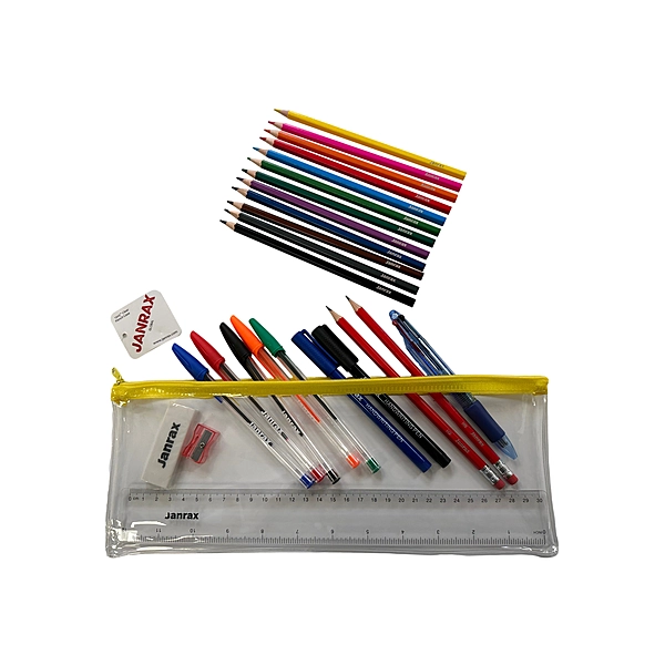 Stationery Filled Yellow Zip 13x5"" Pencil Case with Colouring Pencils