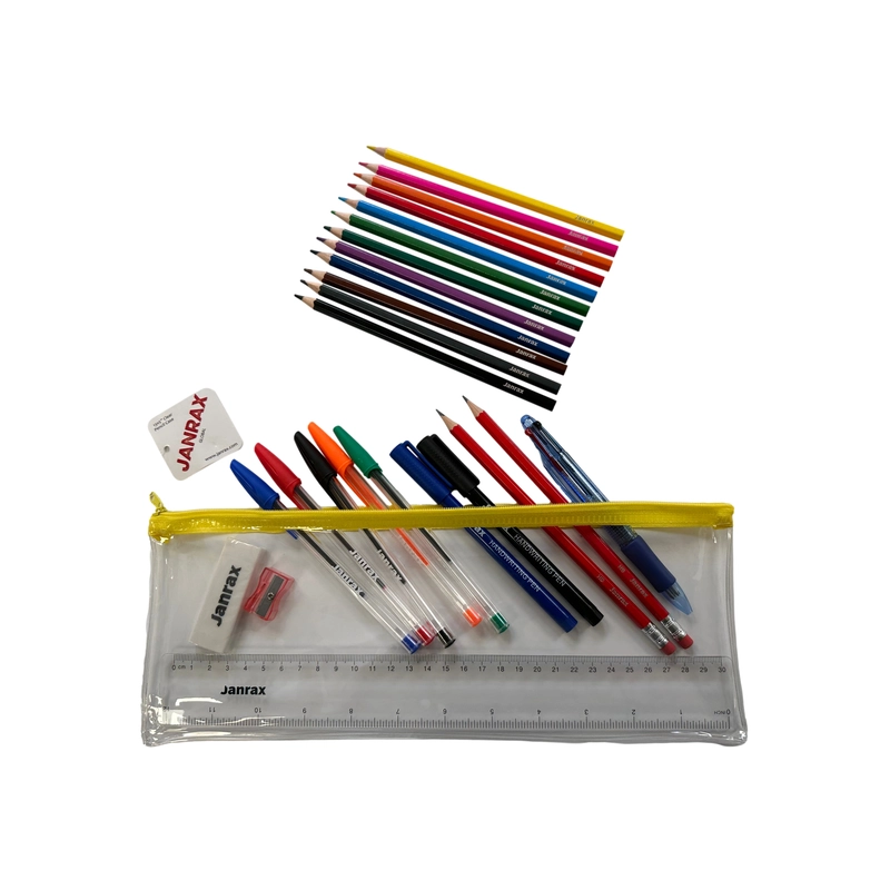 Stationery Filled Yellow Zip 13x5"" Pencil Case with Colouring Pencils