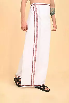 Men’s 100% Cotton Double-Layer White Veshti with Fancy Border-Pink