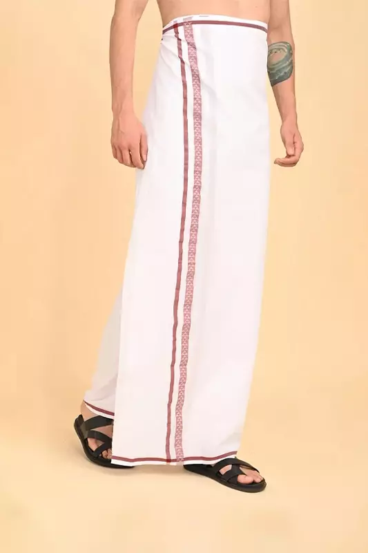 Men’s 100% Cotton Double-Layer White Veshti with Fancy Border-Pink
