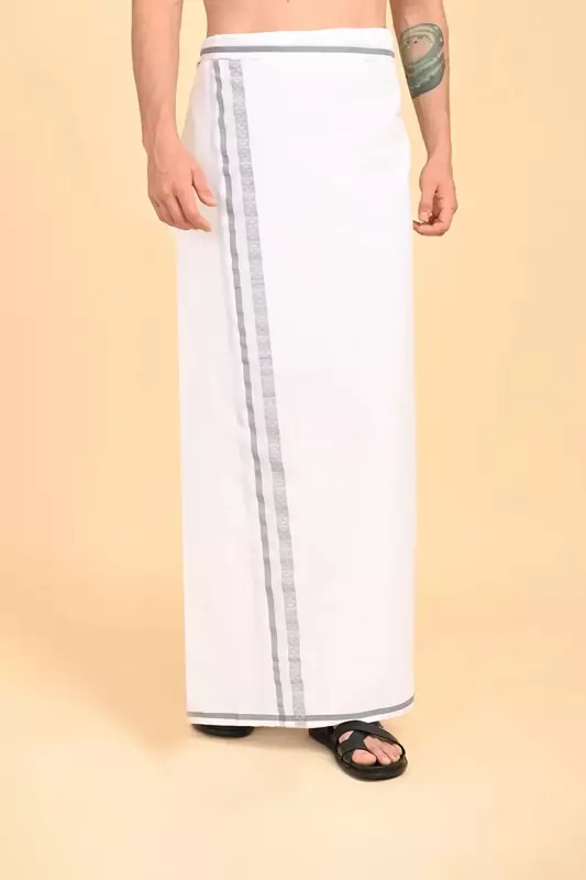 Men’s 100% Cotton Double-Layer White Veshti with Fancy Border-Grey/SS