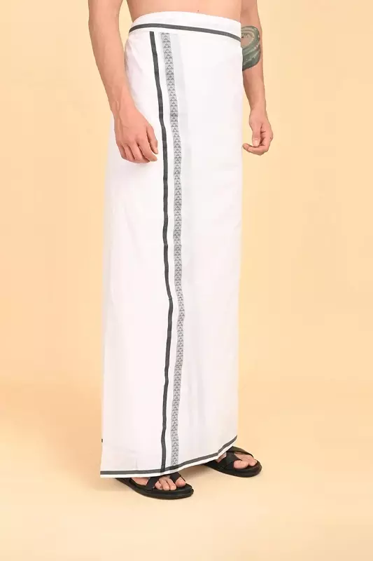 Men’s 100% Cotton Double-Layer White Veshti with Fancy Border-Drak Green