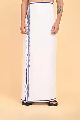 Men’s 100% Cotton Double-Layer White Veshti with Fancy Border-Blue