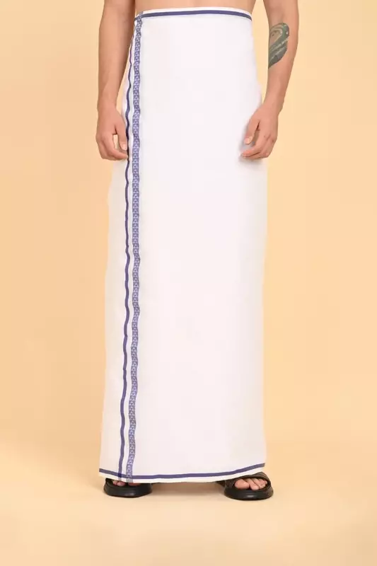 Men’s 100% Cotton Double-Layer White Veshti with Fancy Border-Blue
