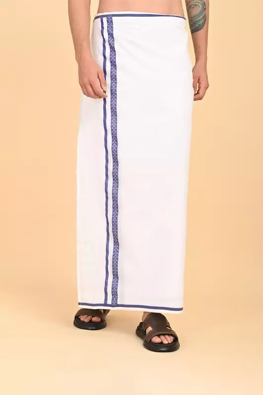 Men’s 100% Cotton Readymade Double-Layer White Veshti with Fancy Border-Blue/SS