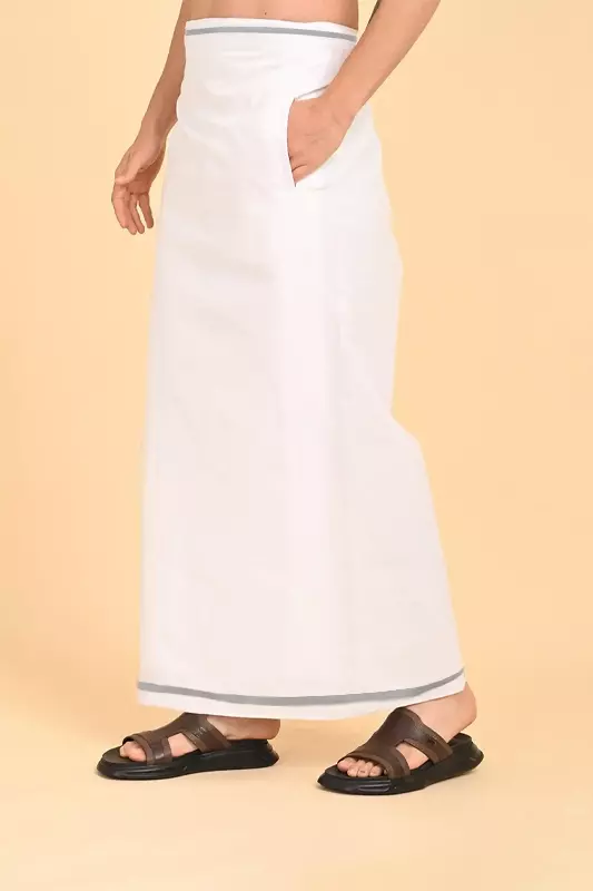 Men’s 100% Cotton Readymade Double-Layer White Veshti with Fancy Border-Grey/SS