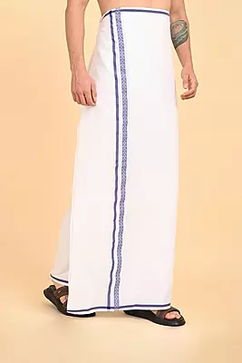 Men’s 100% Cotton Double-Layer White Veshti with Fancy Border-Blue