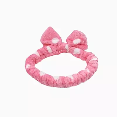 Baby Pink Plush Polka Dot Spa Headband | Soft Makeup & Skincare Band