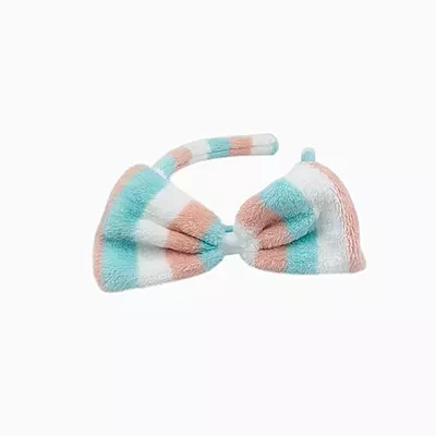 Green Striped Plush Bow Headband - Soft Spa Hair Band