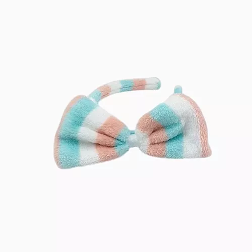 Green Striped Plush Bow Headband - Soft Spa Hair Band