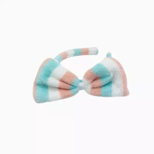 Green Striped Plush Bow Headband - Soft Spa Hair Band